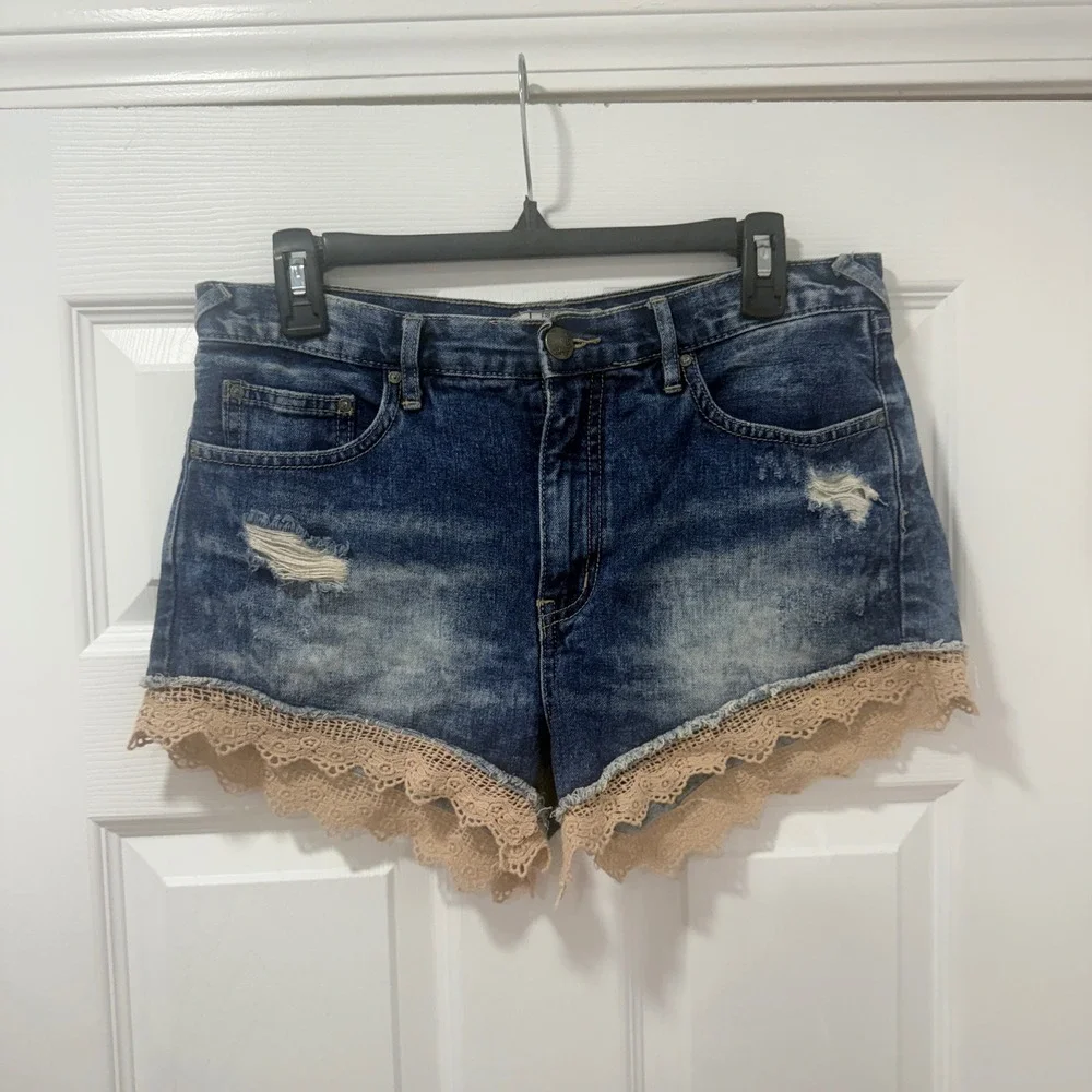 Free People Distressed Denim Lace Trim Shorts Blue Acid Wash Boho 28 cowgirl y2k